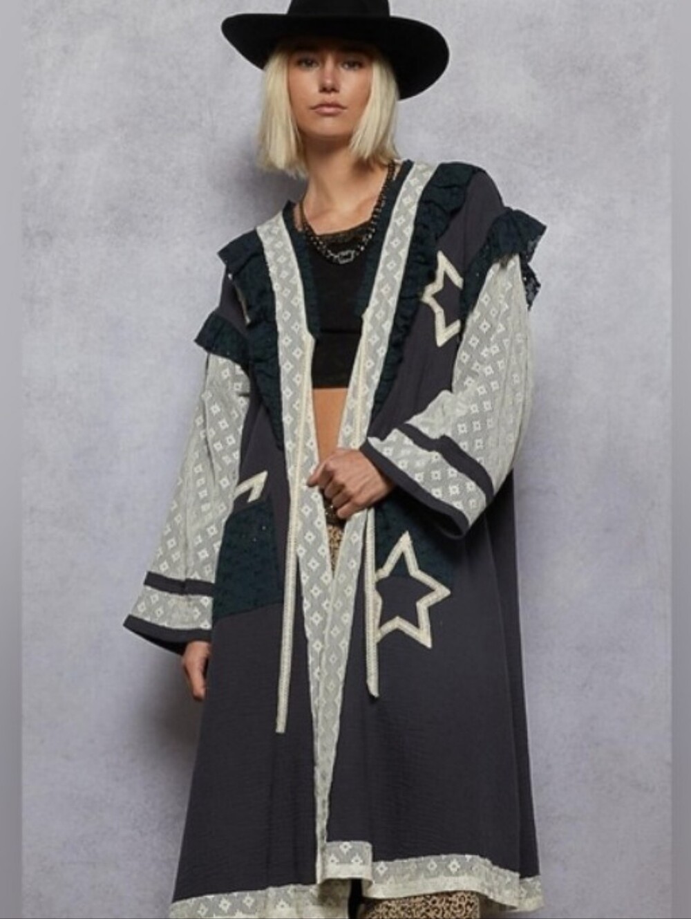 NEW!!! POL Embroidered Star Pattern Long Duster -NWT